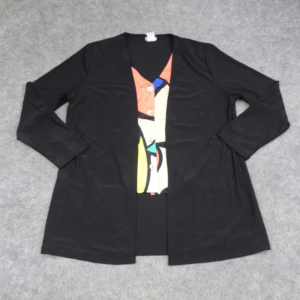 Caribe Top Womens Large L Black Tunic Long Sleeve Shirt Blouse Button Up Layered